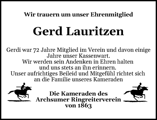 Traueranzeige von Gerd Lauritzen von Sylter Rundschau