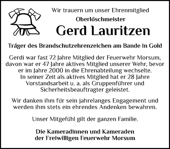 Traueranzeige von Gerd Lauritzen von Sylter Rundschau