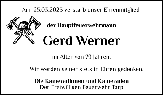 Traueranzeige von Gerd Werner von Flensburger Tageblatt