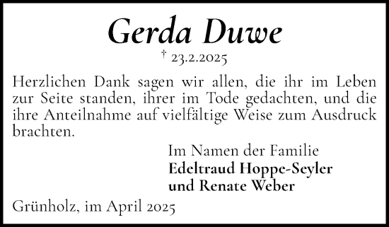 Traueranzeige von Gerda Duwe von Flensburger Tageblatt