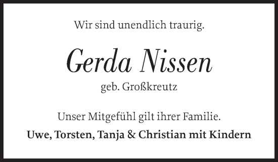 Traueranzeige von Gerda Nissen von Sylter Rundschau