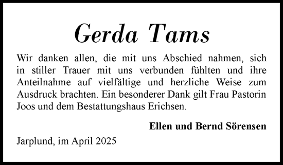 Traueranzeige von Gerda Tams von Flensburger Tageblatt