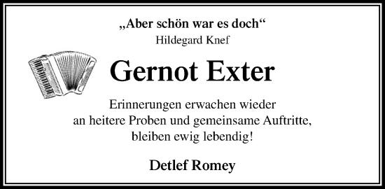 Traueranzeige von Gernot Exter von MARKT Ratzeburg/Mölln