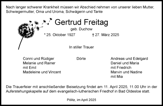 Traueranzeige von Gertrud Freitag von MARKT Bad Oldesloe/Reinfeld und Stormarner Tageblatt