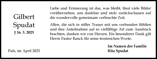 Traueranzeige von Gilbert Spudat von Norddeutsche Rundschau, Wilstersche Zeitung, Glückstädter Fortuna
