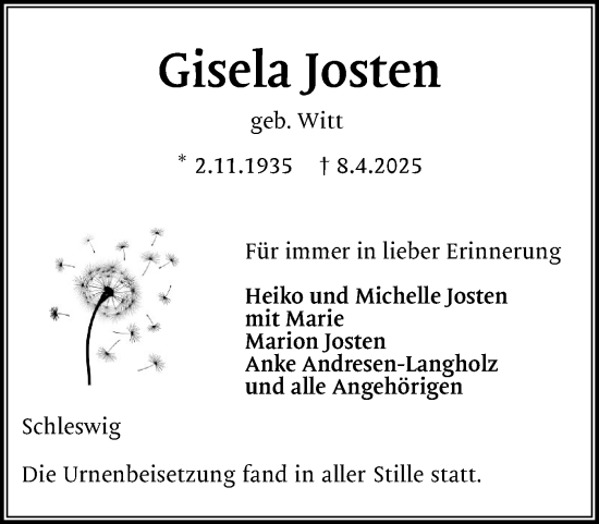 Traueranzeige von Gisela Josten von Schleswiger Nachrichten, Schlei-Bote