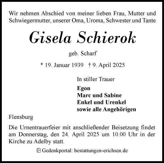 Traueranzeige von Gisela Schierok von Flensburger Tageblatt