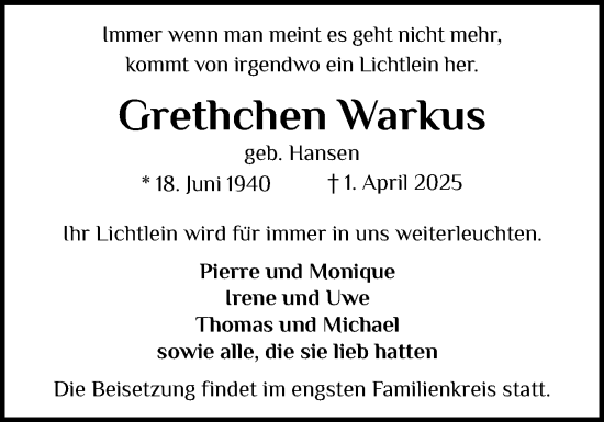 Traueranzeige von Grethchen Warkus von Flensburger Tageblatt