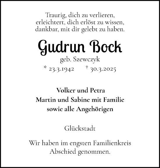 Traueranzeige von Gudrun Bock von Norddeutsche Rundschau, Wilstersche Zeitung, Glückstädter Fortuna
