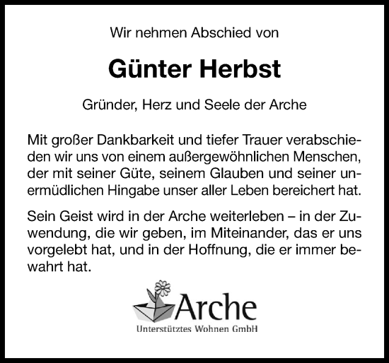 Traueranzeige von Günter Herbst von Husumer Nachrichten, Nordfriesland Tageblatt