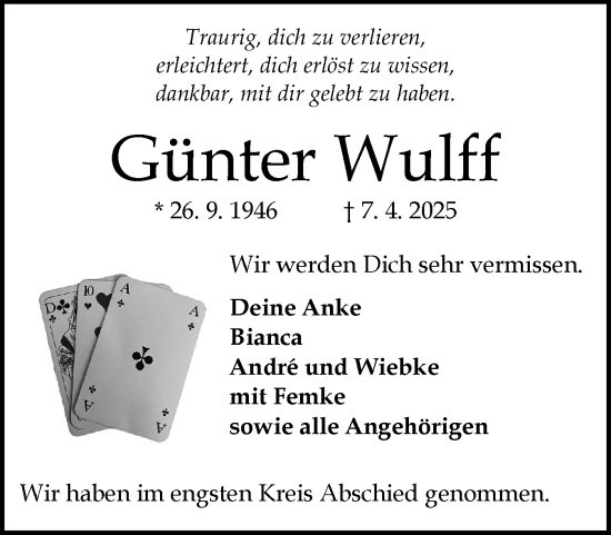 Traueranzeige von Günter Wulff von Schleswig-Holsteinische Landeszeitung