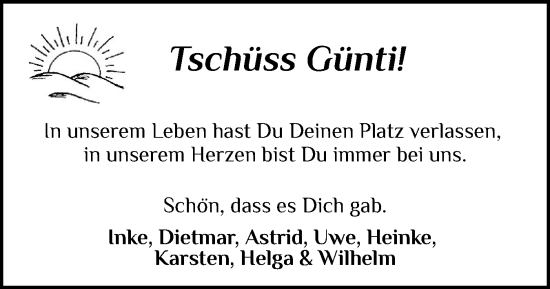 Traueranzeige von Günti  von Husumer Nachrichten, Nordfriesland Tageblatt