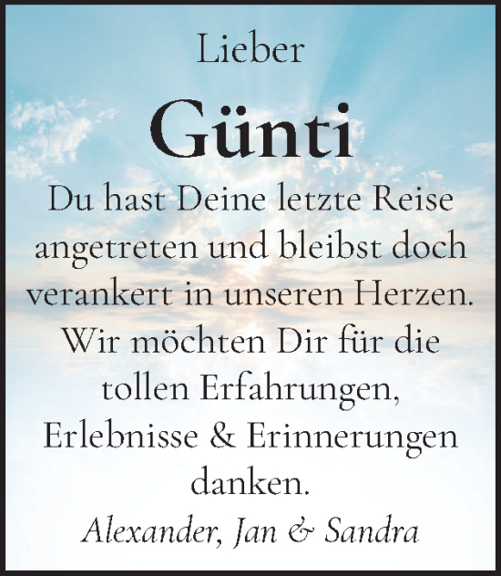 Traueranzeige von Günti  von Husumer Nachrichten, Nordfriesland Tageblatt