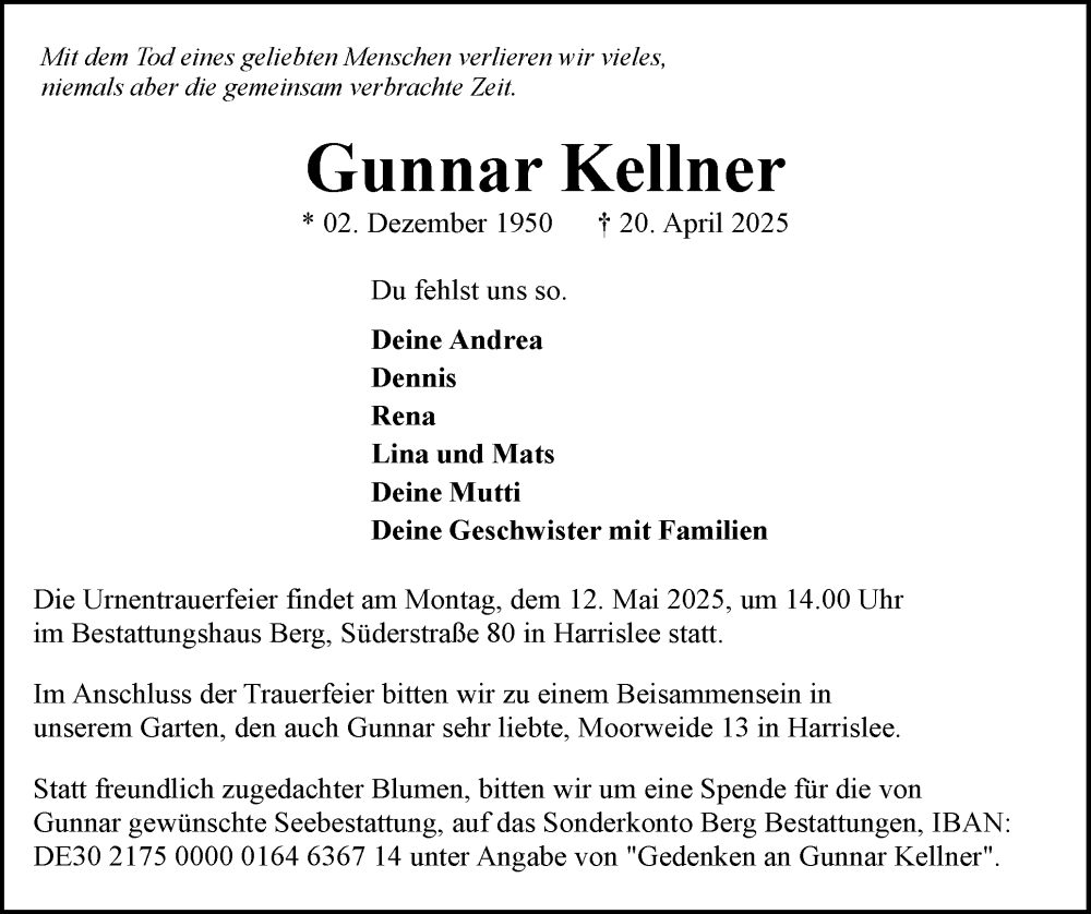  Traueranzeige für Gunnar Kellner vom 26.04.2025 aus Flensburger Tageblatt