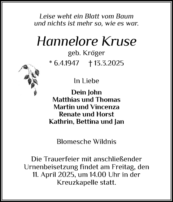 Traueranzeige von Hannelore Kruse von Norddeutsche Rundschau, Wilstersche Zeitung, Glückstädter Fortuna
