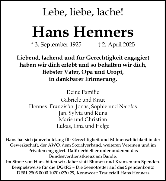 Traueranzeige von Hans Henners von Wochenend Anzeiger