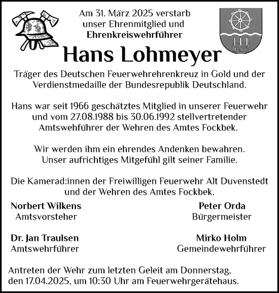 Traueranzeige von Hans Lohmeyer von Schleswig-Holsteinische Landeszeitung