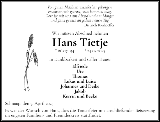 Traueranzeige von Hans Tietje von Eckernförder Zeitung