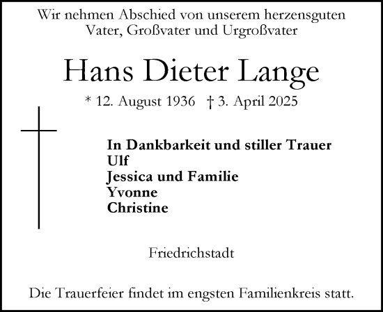 Traueranzeige von Hans Dieter Lange von Husumer Nachrichten, Nordfriesland Tageblatt