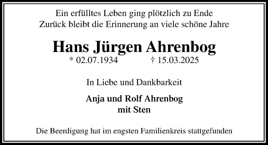 Traueranzeige von Hans Jürgen Ahrenbog von MARKT Glinde/Reinfeld