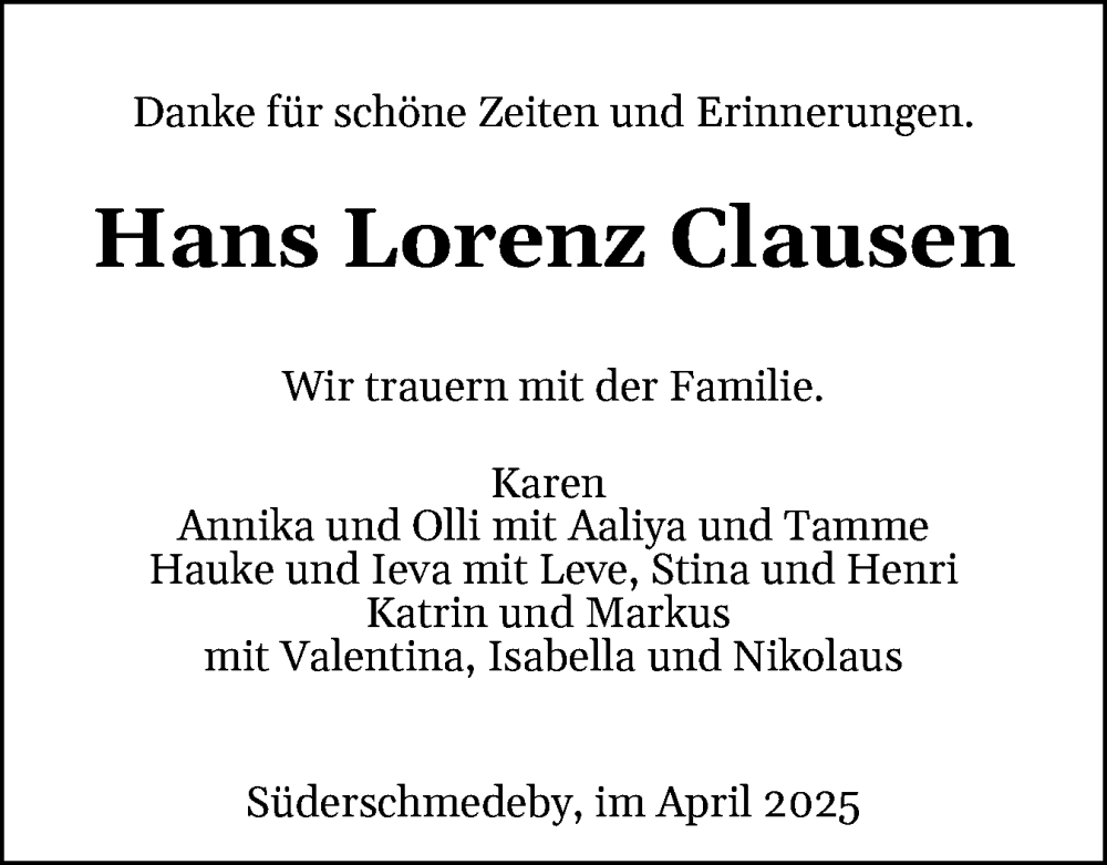 Traueranzeige für Hans Lorenz Clausen vom 19.04.2025 aus Flensburger Tageblatt