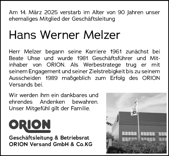 Traueranzeige von Hans Werner Melzer von Flensburger Tageblatt