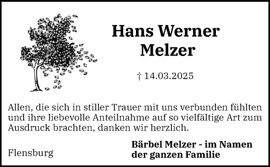 Traueranzeige von Hans Werner Melzer von Flensburger Tageblatt