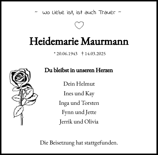 Traueranzeige von Heidemarie Maurmann von Heimatspiegel