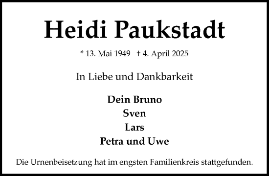 Traueranzeige von Heidi Paukstadt von MARKT Bad Oldesloe/Reinfeld und Stormarner Tageblatt