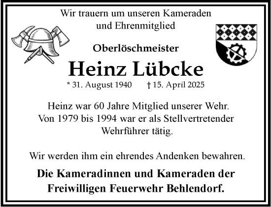 Traueranzeige von Heinz Lübcke von MARKT Ratzeburg/Mölln