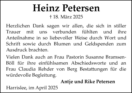 Traueranzeige von Heinz Petersen von Flensburger Tageblatt