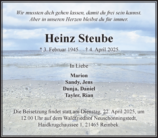 Traueranzeige von Heinz Steube von MARKT Glinde/Reinfeld