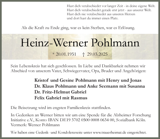Traueranzeige von Heinz-Werner Pohlmann von Umschau