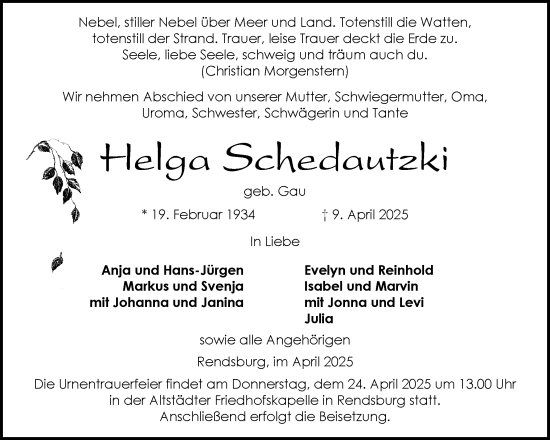 Traueranzeige von Helga Schedautzki von Schleswig-Holsteinische Landeszeitung