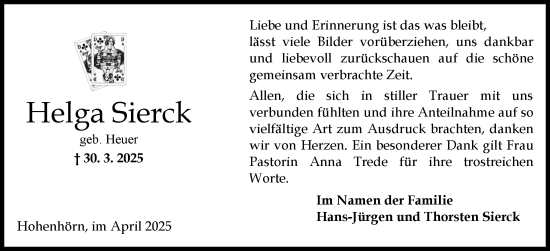 Traueranzeige von Helga Sierck von Schleswig-Holsteinische Landeszeitung