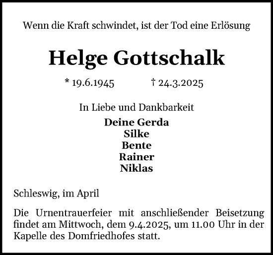 Traueranzeige von Helge Gottschalk von Schleswiger Nachrichten, Schlei-Bote