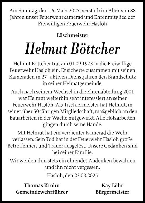Traueranzeige von Helmut Böttcher von Region Pinneberg und tip Pinneberg