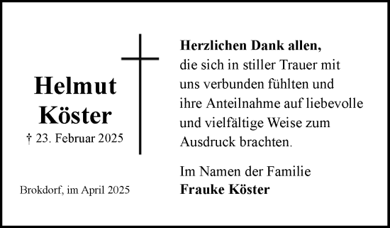 Traueranzeige von Helmut Köster von Norddeutsche Rundschau, Wilstersche Zeitung, Glückstädter Fortuna