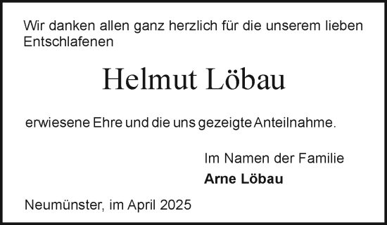 Traueranzeige von Helmut Löbau von Holsteinischer Courier