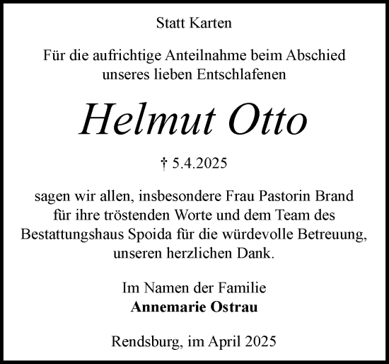 Traueranzeige von Helmut Otto von Schleswig-Holsteinische Landeszeitung