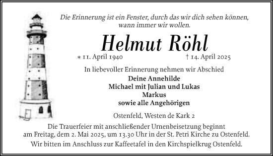 Traueranzeige von Helmut Röhl von Husumer Nachrichten, Nordfriesland Tageblatt