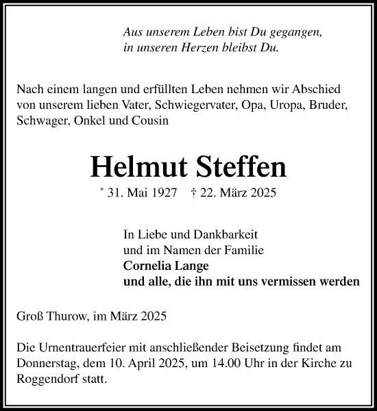 Traueranzeige von Helmut Steffen von MARKT Ratzeburg/Mölln