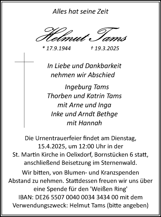 Traueranzeige von Helmut Tams von Norddeutsche Rundschau, Wilstersche Zeitung, Glückstädter Fortuna