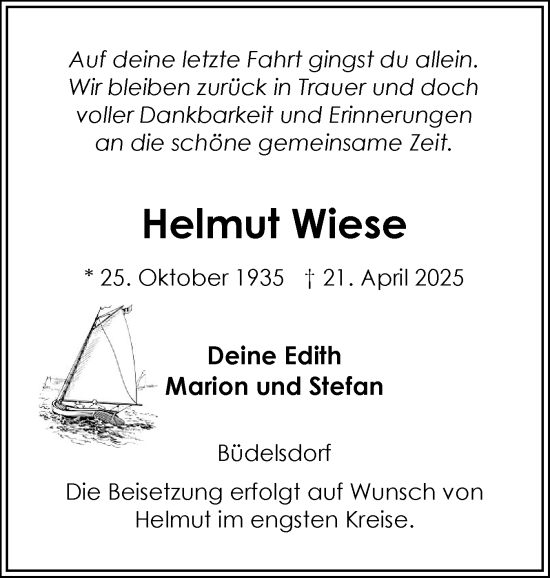 Traueranzeige von Helmut Wiese von Schleswig-Holsteinische Landeszeitung