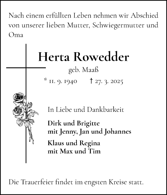 Traueranzeige von Herta Rowedder von Elmshorner Nachrichten, Barmstedter Zeitung
