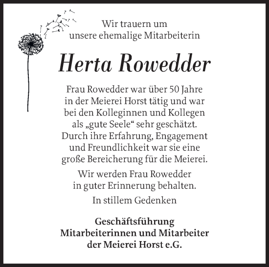 Traueranzeige von Herta Rowedder von Elmshorner Nachrichten, Barmstedter Zeitung