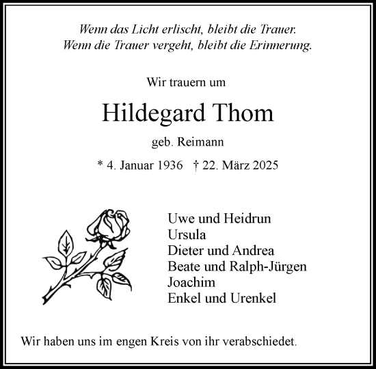 Traueranzeige von Hildegard Thom von MARKT Bad Oldesloe/Reinfeld und Stormarner Tageblatt
