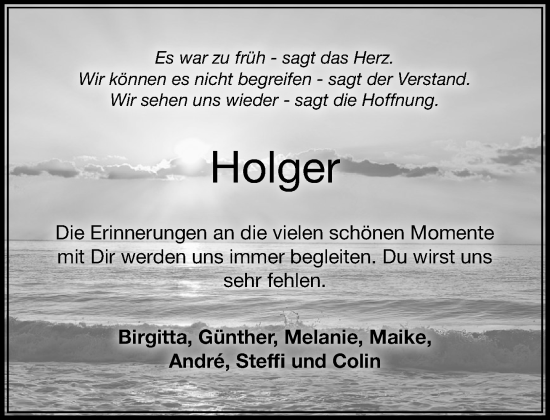 Traueranzeige von Holger  von MARKT Bad Oldesloe/Reinfeld und Stormarner Tageblatt