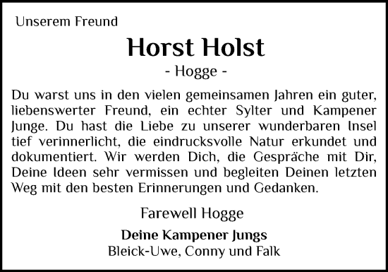 Traueranzeige von Horst Holst von Sylter Rundschau