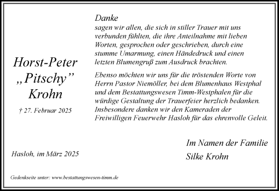 Traueranzeige von Horst-Peter Krohn von Region Pinneberg und tip Pinneberg